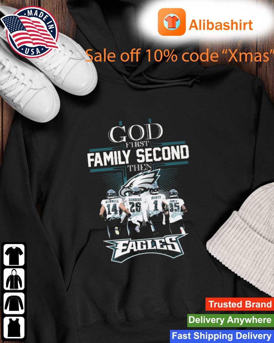 Funny kenneth Gainwell Miles Sanders Jalen Hurts And Boston Scott God First Family Second Then Philadelphia Eagles Signatures s Hoodie