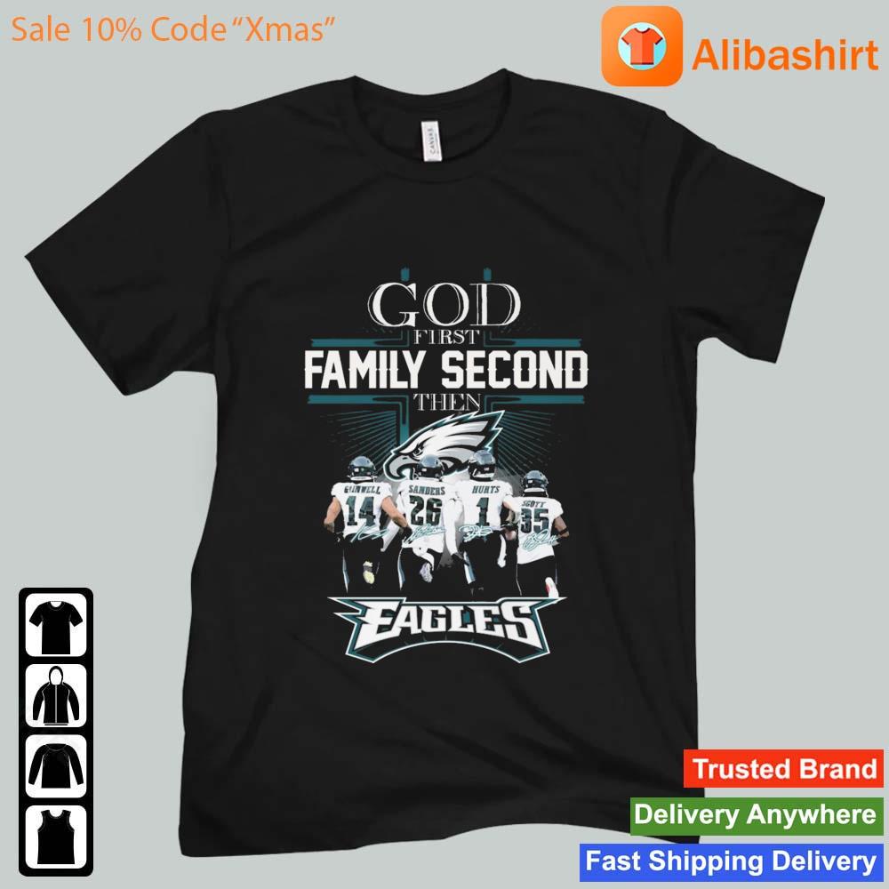 Funny kenneth Gainwell Miles Sanders Jalen Hurts And Boston Scott God First Family Second Then Philadelphia Eagles Signatures s Unisex t-shirt