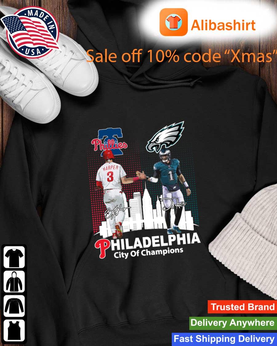 Official philadelphia Phillies City Of Champions Philadelphia Phillies And Philadelphia Eagles Signatures Shirt Hoodie